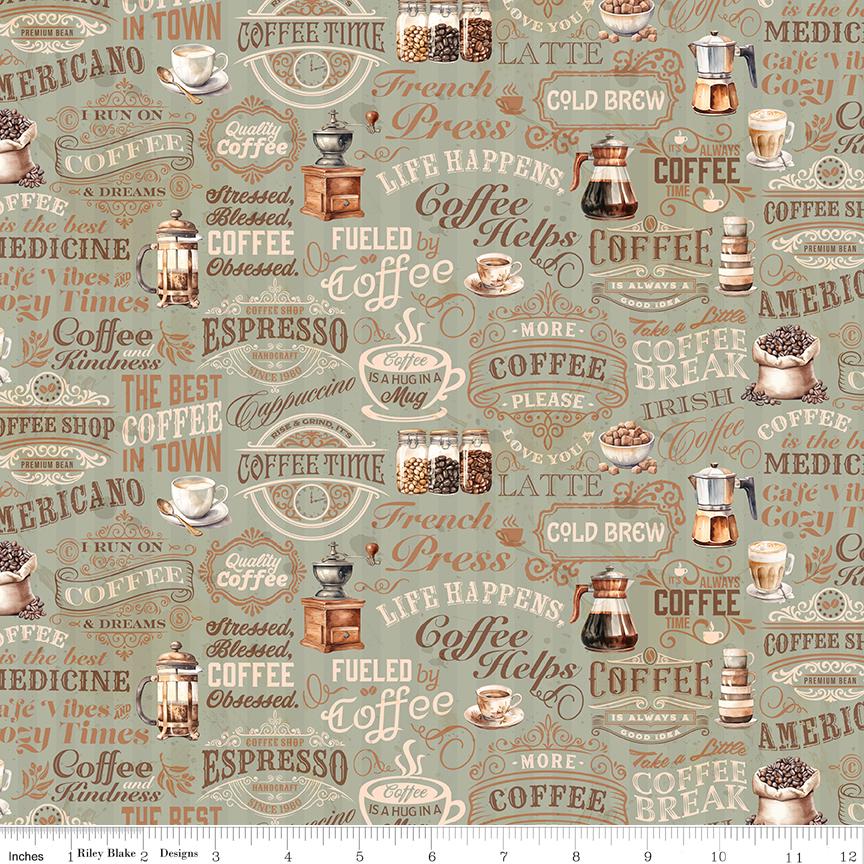 Coffee Time 5" Stacker, Riley Blake 5-17130-42, 5" Precut Brown Green Blush Coffee Themed Floral Fabric Squares