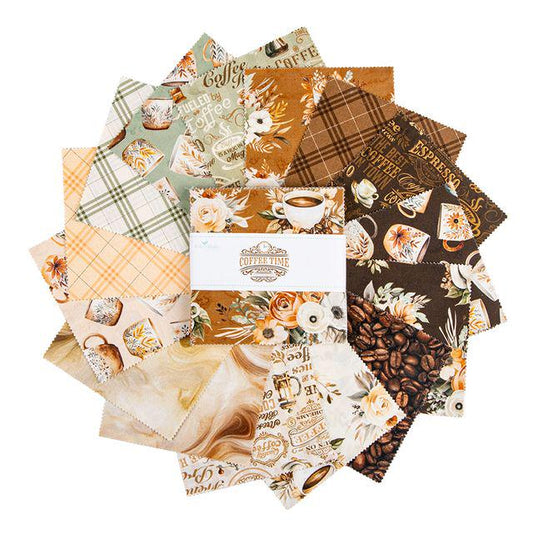 Coffee Time 5" Stacker, Riley Blake 5-17130-42, 5" Precut Brown Green Blush Coffee Themed Floral Fabric Squares