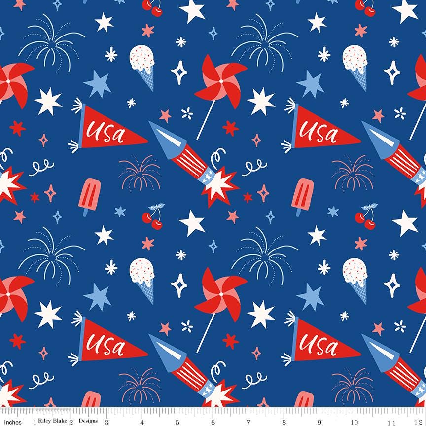 Firecracker 5" Stacker, Riley Blake 5-17200-42, 5" Precut Red White Blue Patriotic Floral Quilt Fabric Squares, My Mind's Eye