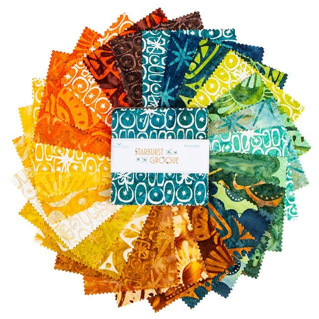 Expressions Batiks Starburst Groove 5" Stacker, Riley Blake 5-23578-42, 5" Precut Orange Green Blue Yellow Brown Batik Fabric Squares