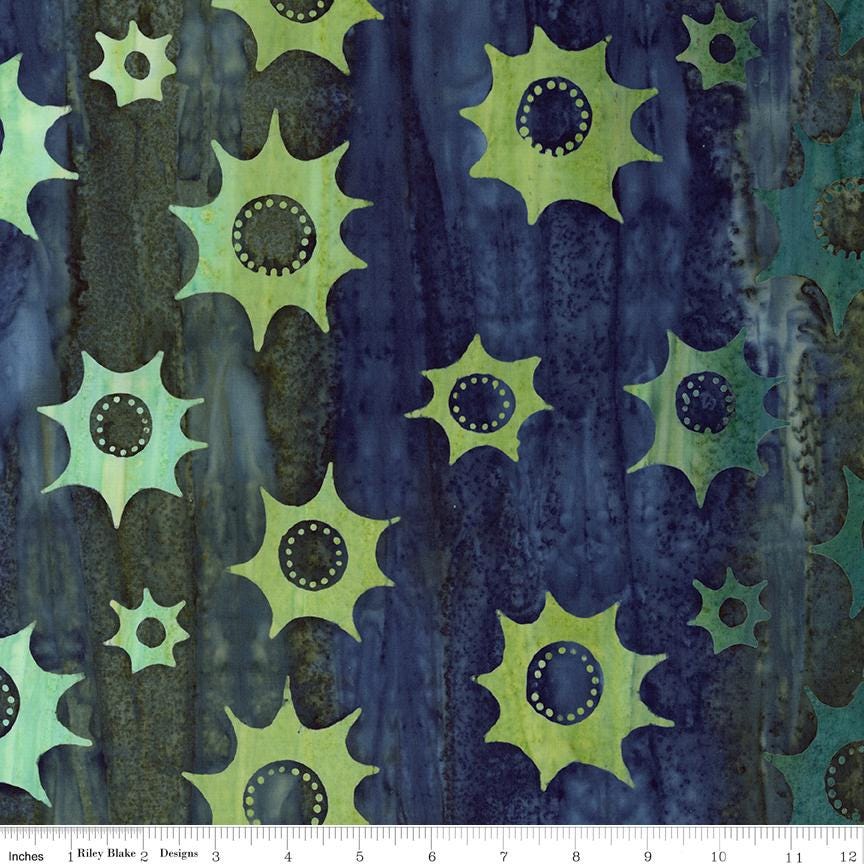 Expressions Batiks Starburst Groove 5" Stacker, Riley Blake 5-23578-42, 5" Precut Orange Green Blue Yellow Brown Batik Fabric Squares