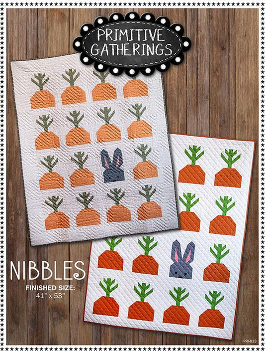 Nibbles Quilt Pattern, Primitive Gatherings PRI833, Yardage Friendly Bunny Carrots Lap Crib Quilt Pattern