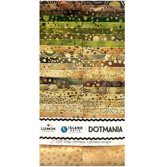 Dotmania Strip Pack, Island Batik, Precut 2.5" Tan Green Brown Batik Fabric Strip Roll