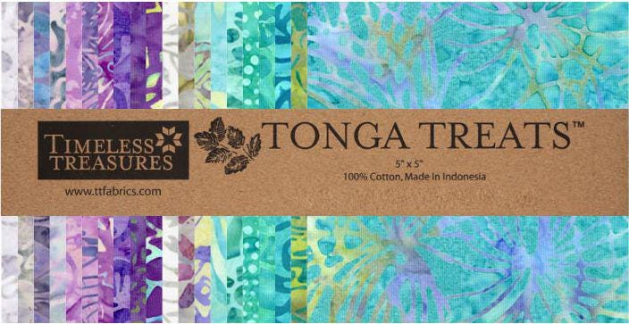 Tonga Mermaid Batik 5" Squares, Timeless Treasures Treat-Mini42 Blossom, 5" Precut Teal Turquoise Lavender Batik Charm Pack Squares