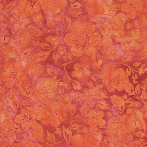 Posy Twist 5" Stamp, Island Batik, 5" Precut Pink Orange Red Green Floral Batik Fabric Charm Pack Quilt Squares