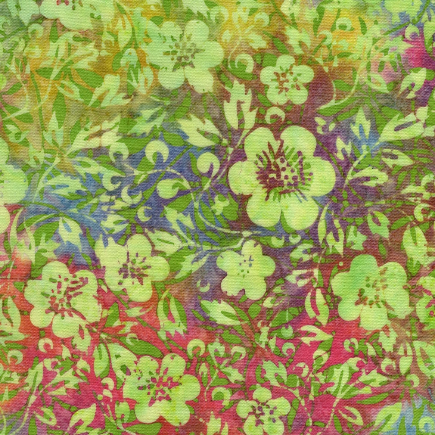 Posy Twist 5" Stamp, Island Batik, 5" Precut Pink Orange Red Green Floral Batik Fabric Charm Pack Quilt Squares