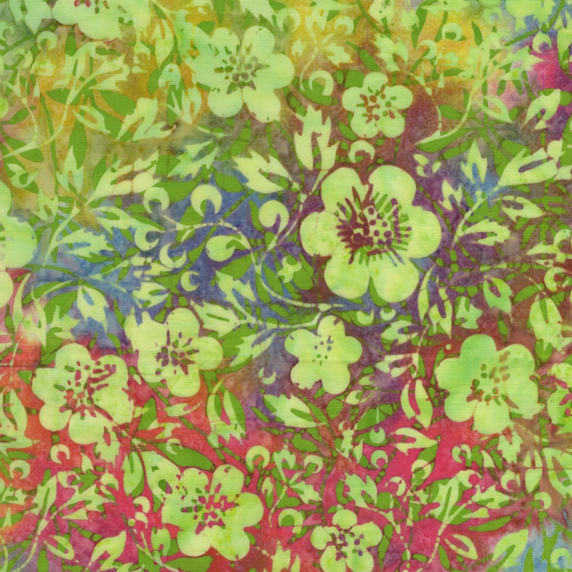 Posy Twist 5" Stamp, Island Batik, 5" Precut Pink Orange Red Green Floral Batik Fabric Charm Pack Quilt Squares