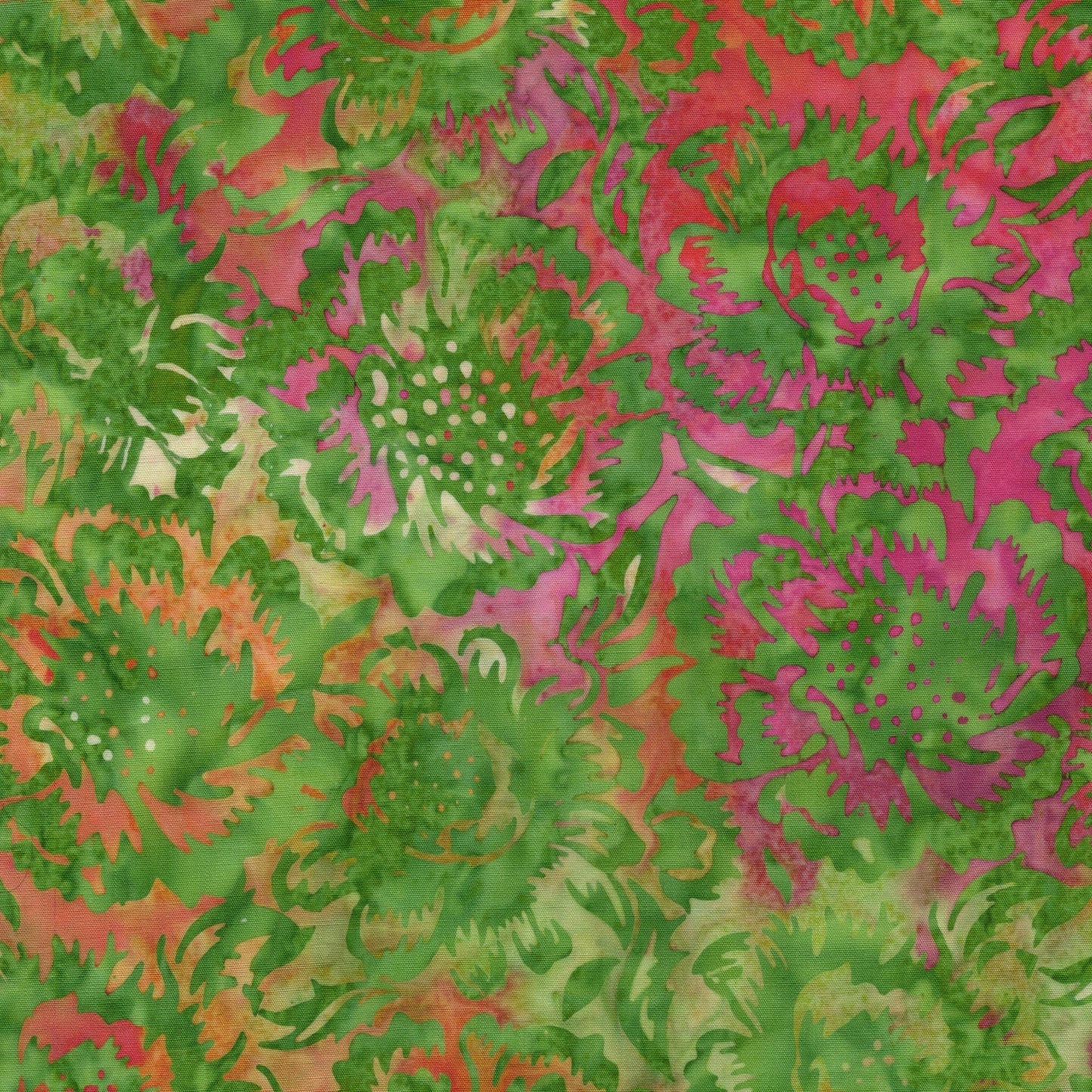 Posy Twist 5" Stamp, Island Batik, 5" Precut Pink Orange Red Green Floral Batik Fabric Charm Pack Quilt Squares