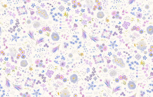 Delphinium - Pastel Floral Collage Fabric, Moda 24659 11 Snowdrop, Pink Periwinkle Purple Floral Quilt Fabric, Janet Clare, By the Yard