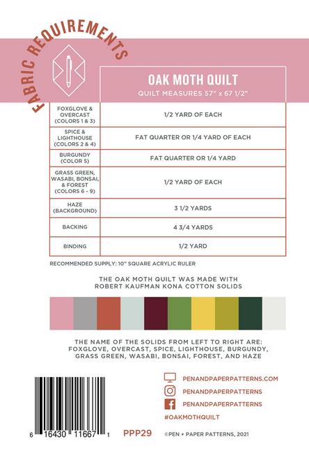 Oak Moth Quilt Pattern, Pen and Paper Patterns PPP29, Yardage Fat Quarter Friendly Moths Leaves Throw Quilt Pattern, Multiple Layouts Quilt