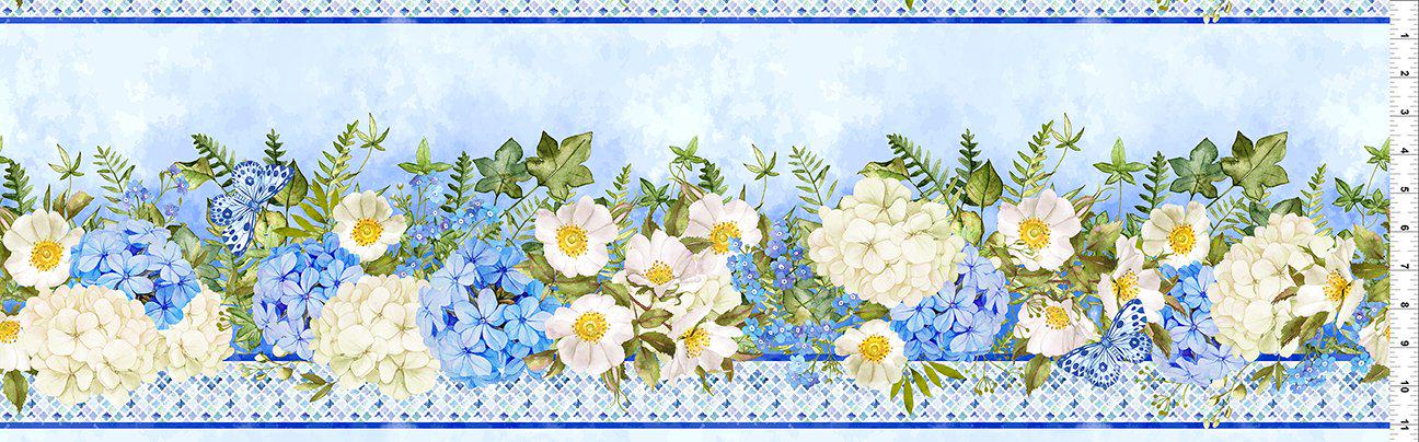 Periwinkle Spring - Blue White Hydrangeas Floral Border Print Fabric, In the Beginning 2PS-1, Border Stripe Fabric