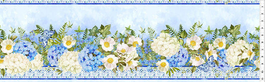 Periwinkle Spring - Blue White Hydrangeas Floral Border Print Fabric, In the Beginning 2PS-1, Border Stripe Fabric