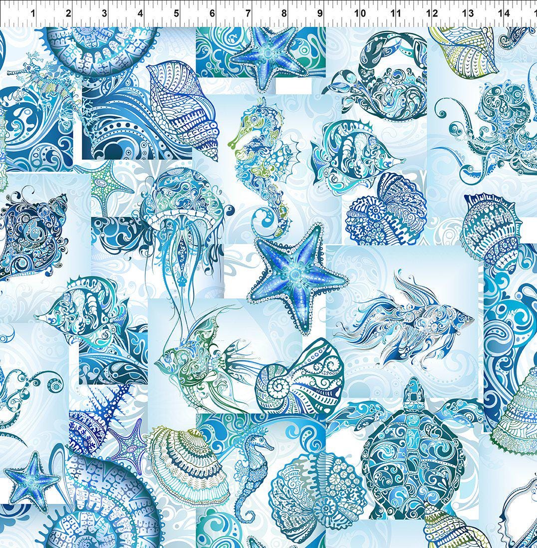 Wonders of the Ocean - Blue White Ocean Life Collage Fabric, In the Beginning 3WO-1 Collage, Beach Seashells Fish Starfish Fabric