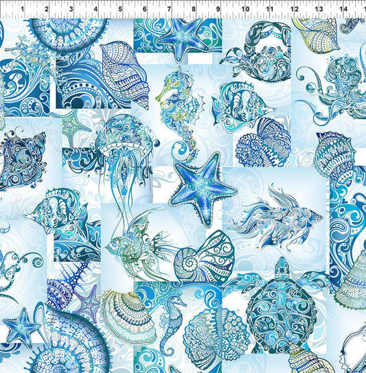 Wonders of the Ocean - Blue White Ocean Life Collage Fabric, In the Beginning 3WO-1 Collage, Beach Seashells Fish Starfish Fabric