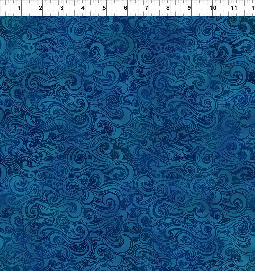 Wonders of the Ocean - Dark Blue Swirly Waves Fabric, In the Beginning 10WO-2 Dark Blue Waves, Beach Ocean Fabric