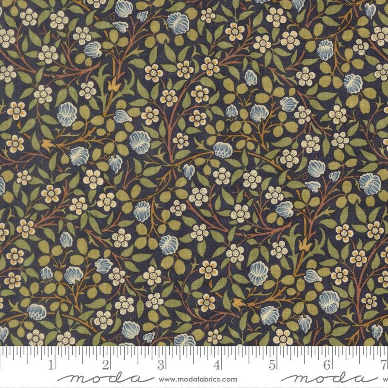 Morris Muse - Clover Small Floral on Navy Blue Reproduction Fabric, Moda 13385 14 Twilight, Flowers Vines Fabric, Brackman, By the Yard