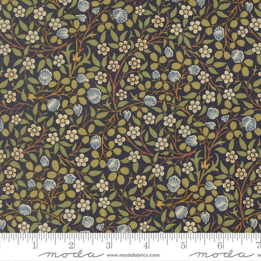 Morris Muse - Clover Small Floral on Navy Blue Reproduction Fabric, Moda 13385 14 Twilight, Flowers Vines Fabric, Brackman, By the Yard