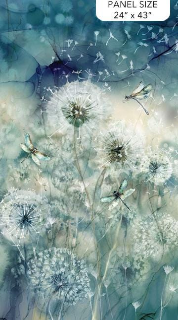 Whisper - Dandelions and Dragonflies 24" Fabric Panel, Northcott DP28700-68 Teal Multi, Teal Cream Flowers Quilt Fabric Craft Panel
