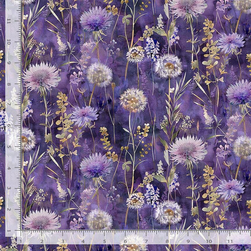 Mystic Meadow - Dandelions Floral on Purple Fabric, Timeless Treasures FLEUR-CD4215 Iris, Night Floral Field Botanical Floral Cotton Fabric