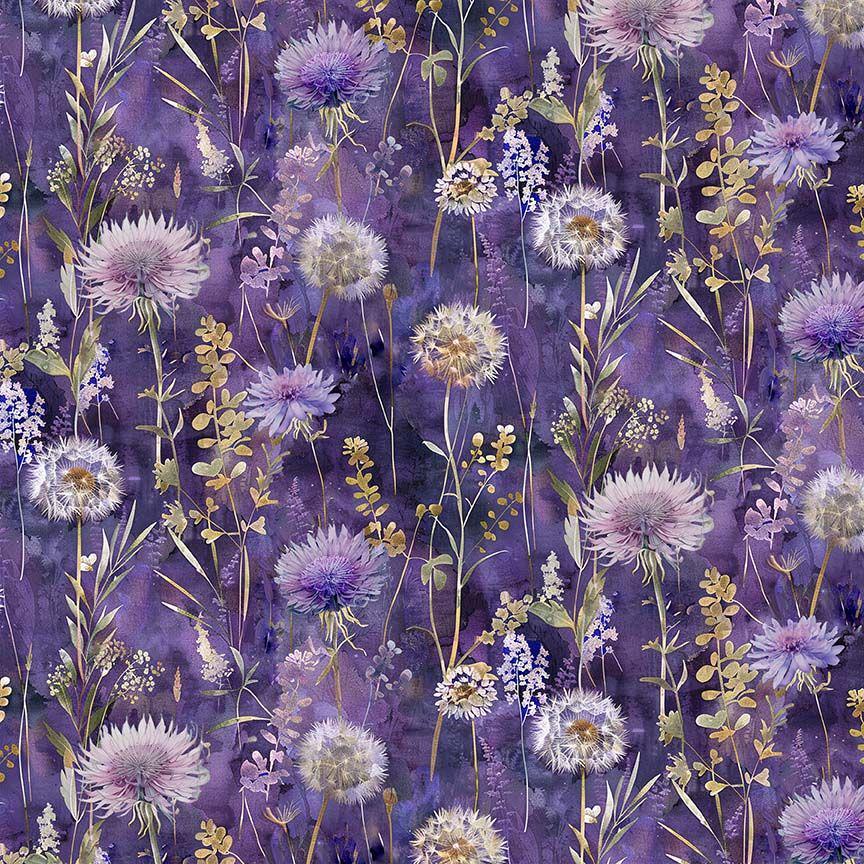 Mystic Meadow - Dandelions Floral on Purple Fabric, Timeless Treasures FLEUR-CD4215 Iris, Night Floral Field Botanical Floral Cotton Fabric