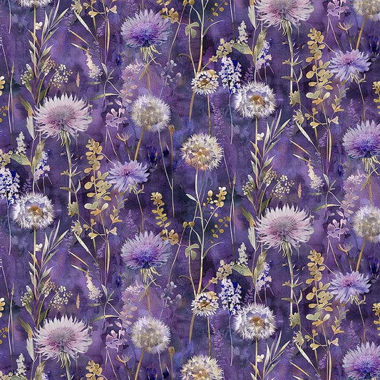 Mystic Meadow - Dandelions Floral on Purple Fabric, Timeless Treasures FLEUR-CD4215 Iris, Night Floral Field Botanical Floral Cotton Fabric