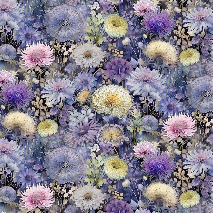 Mystic Meadow - Packed Wildflowers Purple Floral Fabric, Timeless Treasures FLEUR-CD4213 Multi, Botanical Floral Cotton Fabric