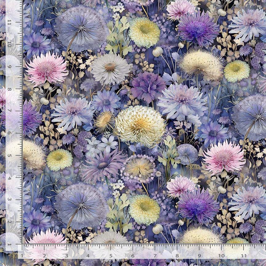 Mystic Meadow - Packed Wildflowers Purple Floral Fabric, Timeless Treasures FLEUR-CD4213 Multi, Botanical Floral Cotton Fabric