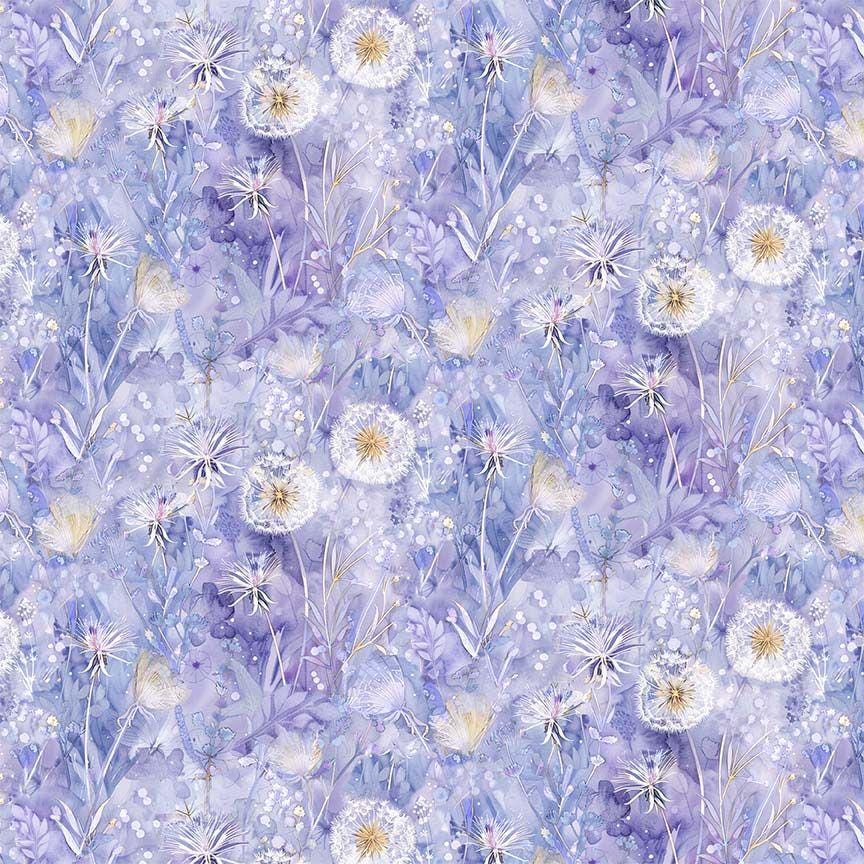 Mystic Meadow - Dandelions Floral on Lavender Fabric, Timeless Treasures FLEUR-CD4216 Lilac, Floral Field Botanical Floral Cotton Fabric