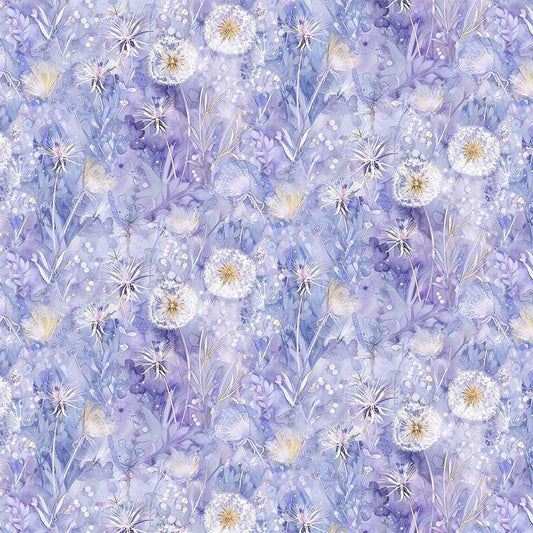 Mystic Meadow - Dandelions Floral on Lavender Fabric, Timeless Treasures FLEUR-CD4216 Lilac, Floral Field Botanical Floral Cotton Fabric