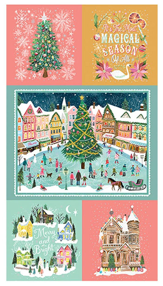 Magical Season - Christmas Town 24" Fabric Panel, Benartex 16724PB-99, Christmas Xmas Scenes Blocks Quilt Panel