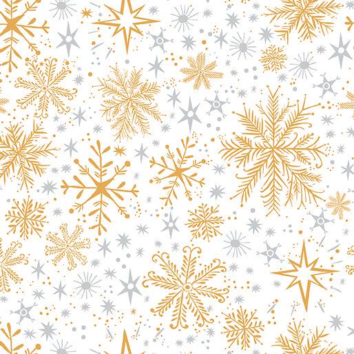 Magical Season- Orange Silver Metallic Snowflakes on White Fabric, Benartex 16727PB-92, Christmas Xmas Snowflake Cotton Quilt Fabric, Daisy