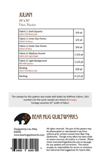 Julian Quilt Pattern, Bear Hug Quiltworks BHQ314, Yardage Friendly Large Star Throw Bed Quilt Pattern