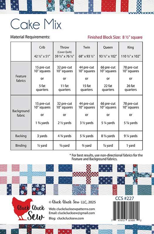 Cake Mix Quilt Pattern, Cluck Cluck Sew CCS227, Layer Cake Fat Quarter Friendly Plaid Crib Throw Twin Queen King Bed Quilt Pattern