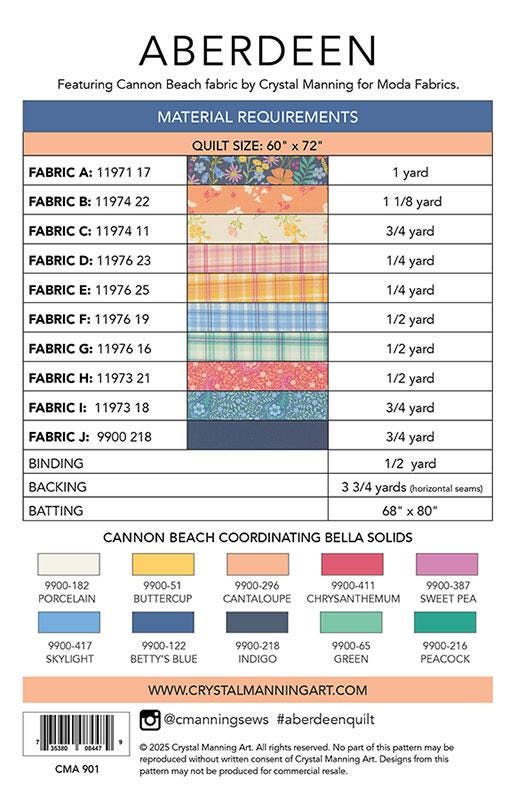 Aberdeen Quilt Pattern, Crystal Manning CMA901, Yardage Friendly Flowers in Squares Throw Quilt Pattern