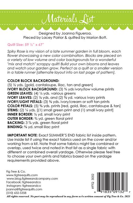 Spiky Rose Quilt Pattern, Fig Tree Co FT3052, Yardage Friendly Flowers Floral Throw and Runner Quilt Pattern