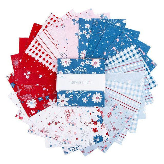Firework Fields 5" Stacker, Riley Blake 5-17580-42, 5" Patriotic Floral Independence Day July 4th Fabric Squares, Gracey Larson