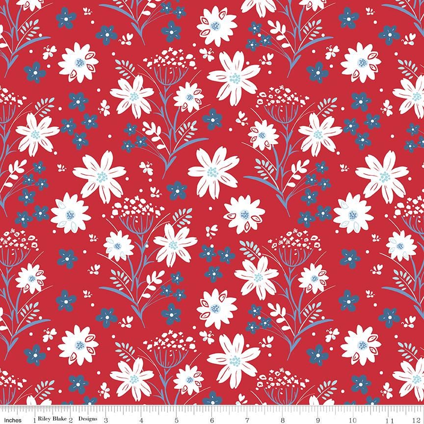Firework Fields 5" Stacker, Riley Blake 5-17580-42, 5" Patriotic Floral Independence Day July 4th Fabric Squares, Gracey Larson