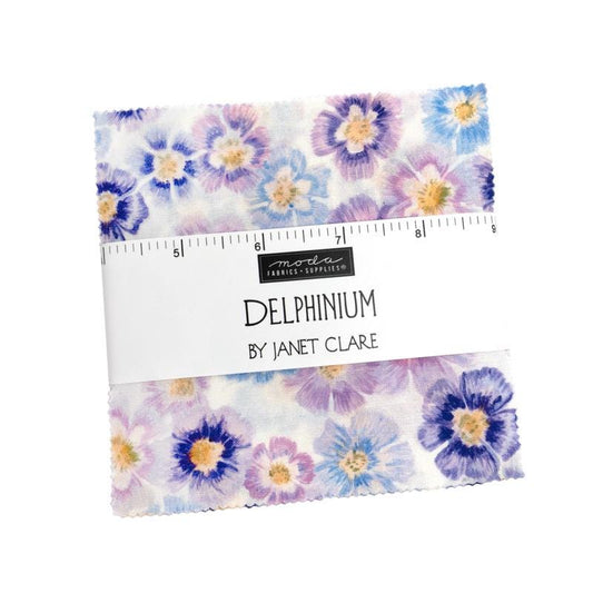 Delphiniums Charm Pack, Moda 24650PP, Precut 5" Lavender Pink Blue Watercolor Floral Quilt Fabric Squares, Janet Clare