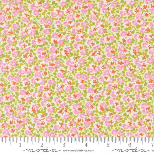 Summer's End - Pink Flowers on White Fabric, Moda 35436-22 Lilac, Pink Green Calico Ditsy Floral Cotton Fabric, Fig Tree, By the Yard