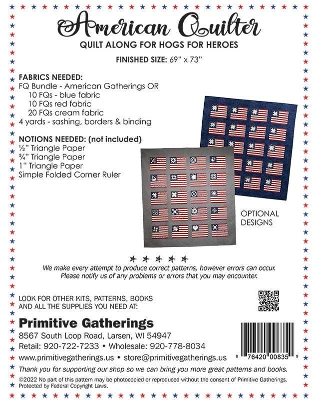 American Quilter Quilt Pattern, Primitive Gatherings PRI835, FQ Friendly Patriotic American Flags Sampler Throw Quilt Pattern