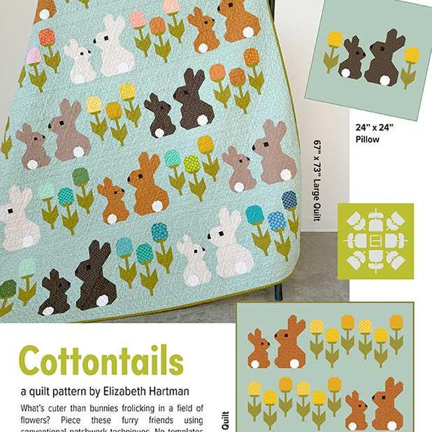 Cottontails Quilt and Pillow Cover Pattern, Elizabeth Hartman EH086, Charm Squares Yardage Friendly Bunnies Flowers Lap Throw Quilt Pattern