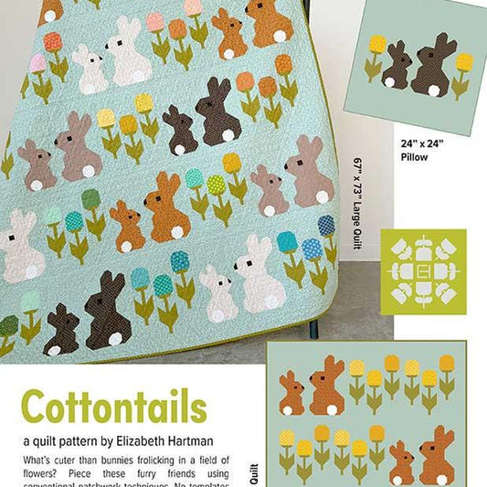 Cottontails Quilt and Pillow Cover Pattern, Elizabeth Hartman EH086, Charm Squares Yardage Friendly Bunnies Flowers Lap Throw Quilt Pattern