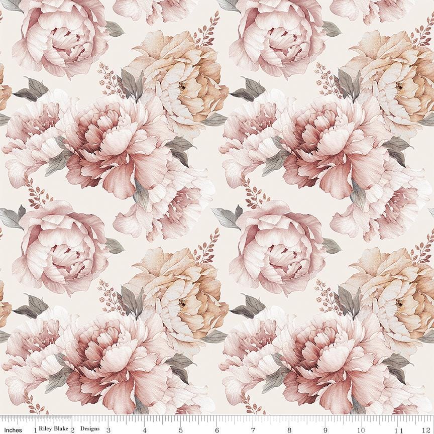 Daybreak on the Prairie - Peony Flowers on Cream Fabric, Riley Blake CD17680-Cream, Pastel Floral Fabric, Melissa Gilbert, By the Yard