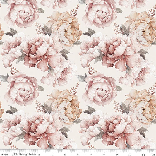Daybreak on the Prairie - Peony Flowers on Cream Fabric, Riley Blake CD17680-Cream, Pastel Floral Fabric, Melissa Gilbert, By the Yard
