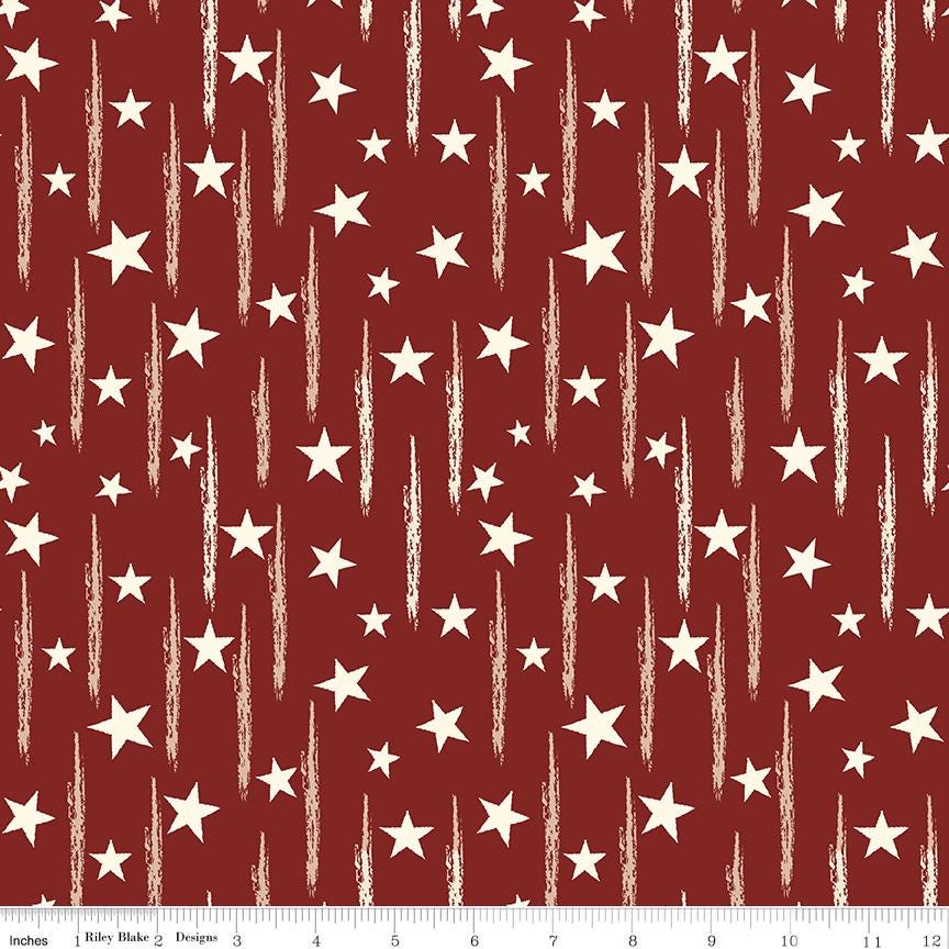 American Honor - Patriotic Stars Stripes on Red Fabric, Riley Blake C17094-BARNRED, Patriotic Red Cotton Blender Fabric, By the Yard