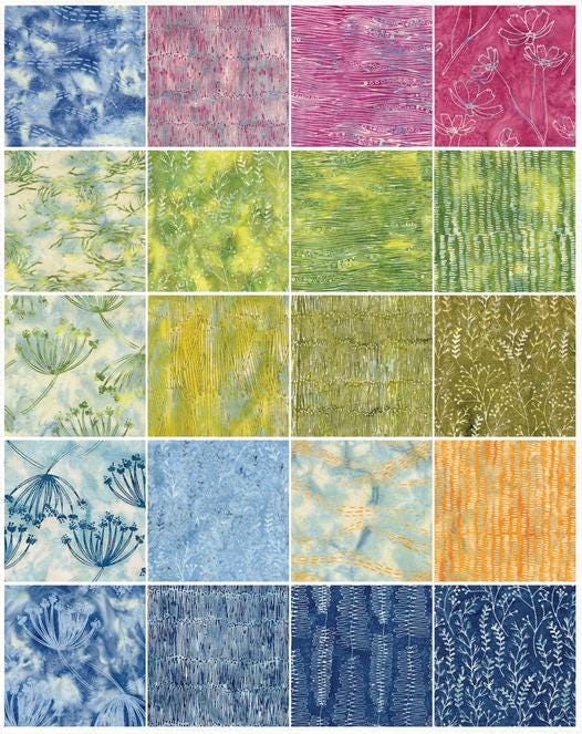 Meadow Brook 5" Stamp, Island Batik, 5" Precut Blue Green Pink Batik Fabric Charm Pack Quilt Squares
