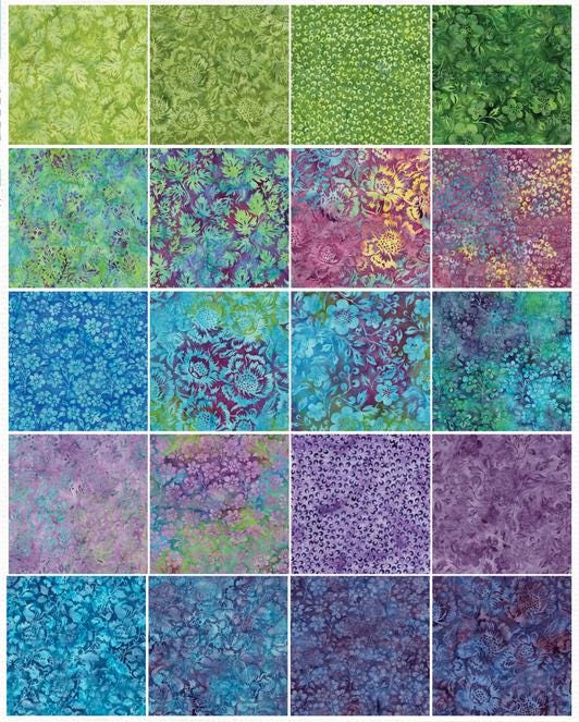 Springtime Bouquet 5" Stamp, Island Batik, 5" Precut Blue Green Pink Purple Floral Batik Fabric Charm Pack Quilt Squares