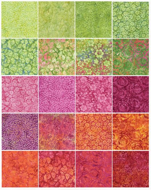 Posy Twist 5" Stamp, Island Batik, 5" Precut Pink Orange Red Green Floral Batik Fabric Charm Pack Quilt Squares