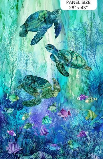 Coral Reef - Sea Turtles 28" Fabric Panel, Northcott DP28875-66 Turquoise Multi, Turtles Ocean Quilt Fabric Craft Panel