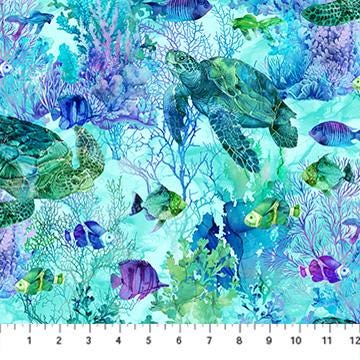 Coral Reef - Sea Turtles Fish Fabric, Northcott DP28877-66, Blue Green Purple Underwater Scenic Coral Turtle Fish Fabric, By the Yard